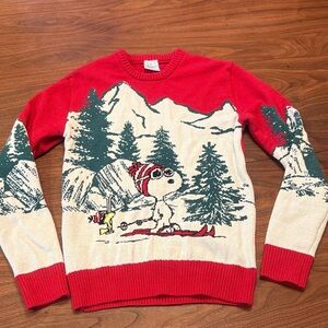 Women's Small Peanuts Snoopy & Woodstock RED Winter Sweater Snow Skiing